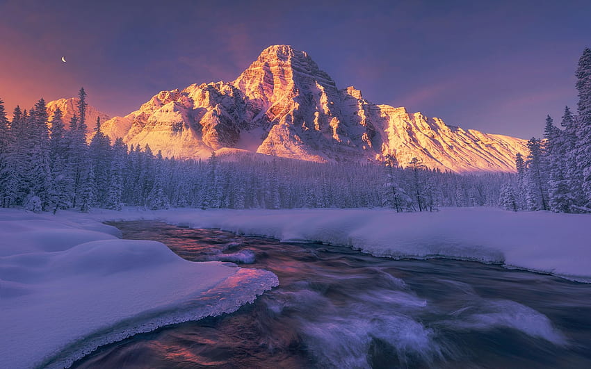 Nascer do sol de inverno sobre as Montanhas Rochosas canadenses, inverno, rio, neve, paisagem, Alberta, Canadá, montanha, gelo, árvores papel de parede HD
