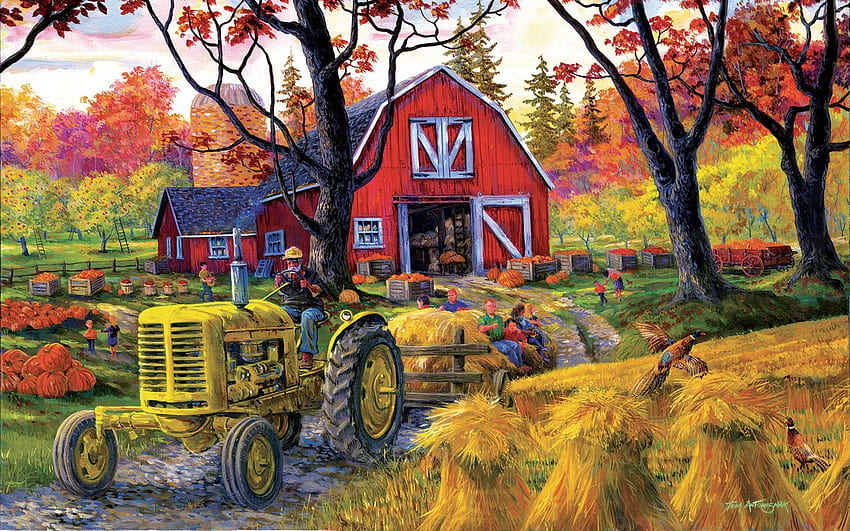Festival d'automne de la ferme, œuvres d'art, paille, grange, feuilles, peinture, arbres, tracteur Fond d'écran HD