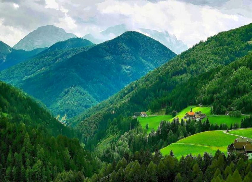 Casas en las montañas, vista, hermosa fondo de pantalla