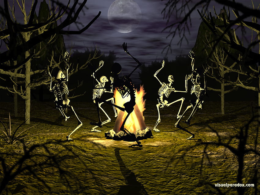 Ритуал, нощ, танци, скелети, пламъци, огън HD тапет