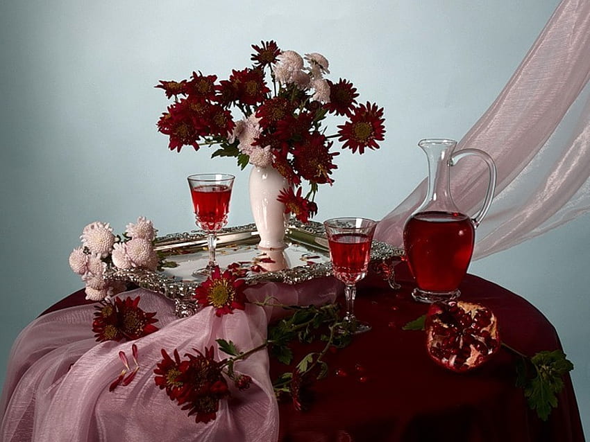 Ruby Passion, wineglasses, tablecloth, decanter, fruit, passion, table, white, ruby, seeds, vase, platter, silk, red, pomegrante, silver, flowers, wine HD wallpaper