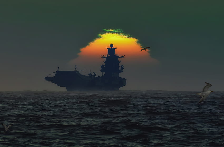 Navire de guerre, coucher de soleil, silhouette Fond d'écran HD