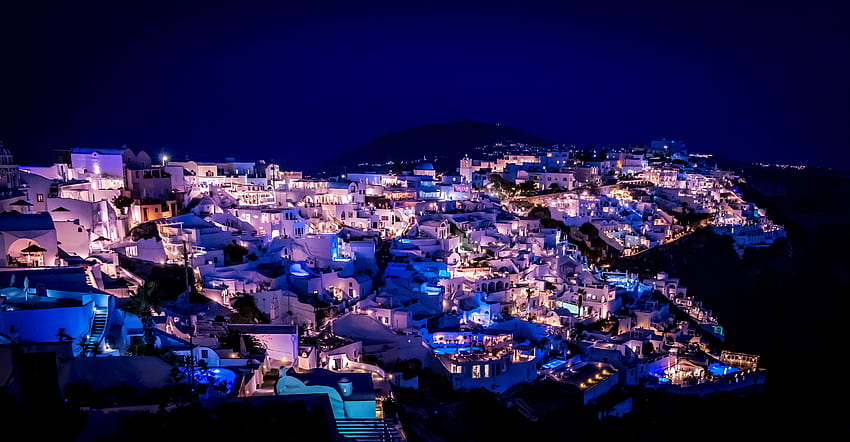 都市, 夜の街, イルミネーション, 照明, ギリシャ、サントリーニ島 高画質の壁紙