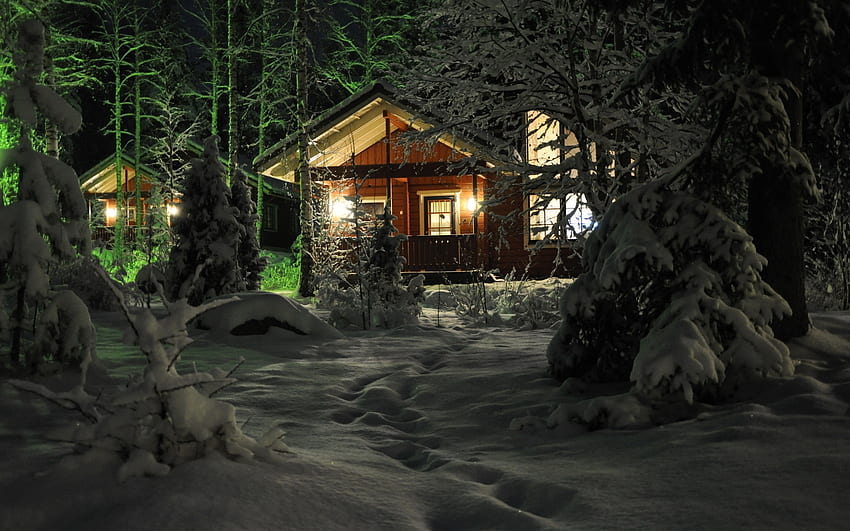 Maison de Noël, hiver, nuit, lumières, neige, arbres Fond d'écran HD