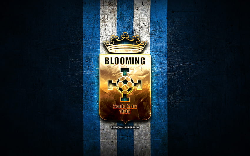 Blooming FC, goldenes Logo, bolivianische Primera Division, blauer Metallhintergrund, Fußball, venezolanischer Fußballverein, Club Blooming-Logo, Fußball, venezolanische Primera Division, Club Blooming HD-Hintergrundbild