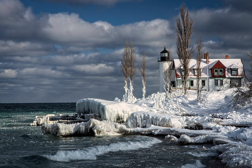 Point Betsie Lighthouse, winter, lighthouse, frankfurt, ice HD wallpaper