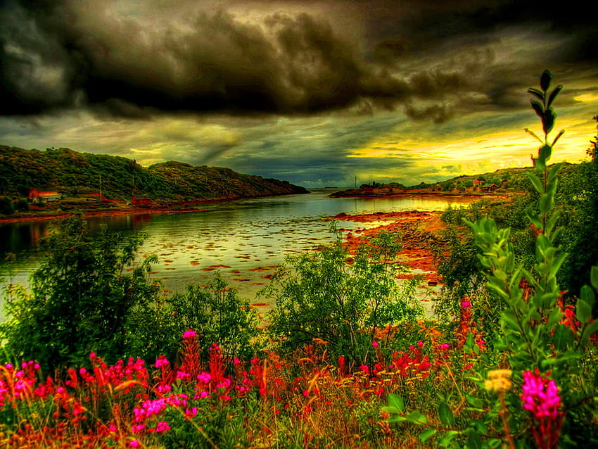 Río tranquilo, río, pacífico, montaña, lago, reflexión, nubes, naturaleza, flores, cielo, agua, calma fondo de pantalla