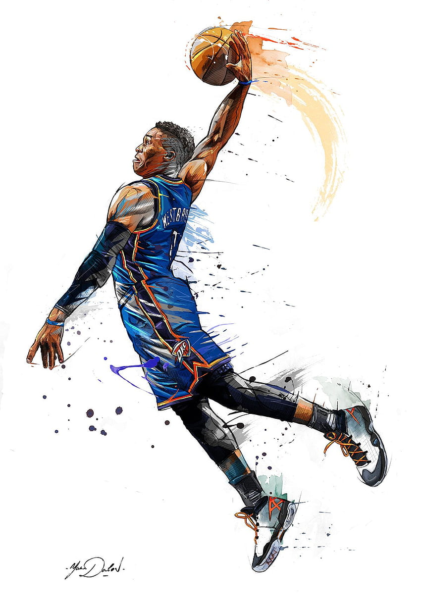 Russell Westbrook - Basketball Player Dunking Drawing - HD phone wallpaper