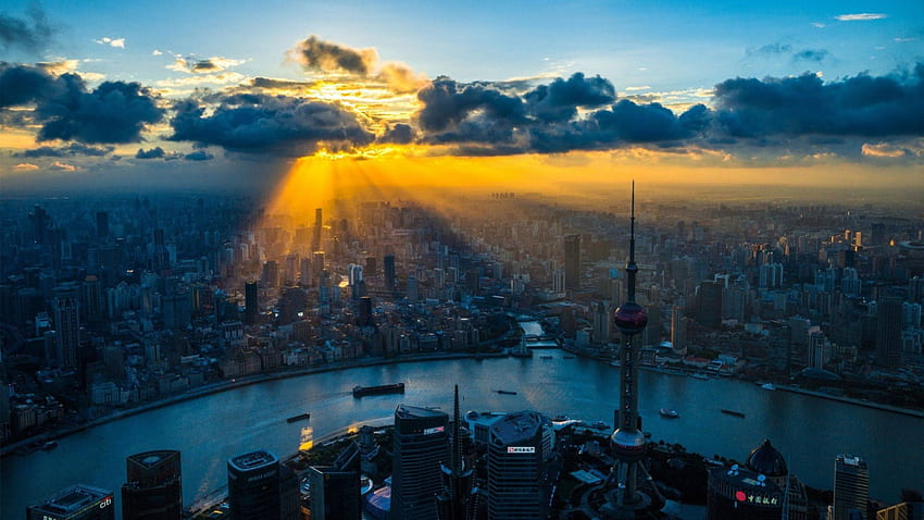 magnificent sunbeams over shanhai china, river, city, tower, clouds, sunbeams HD wallpaper