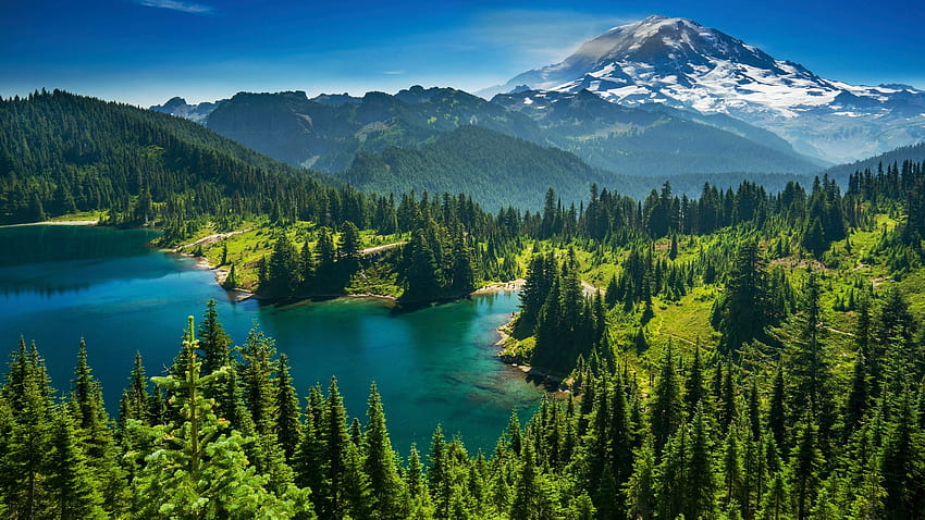 Eunice Lake, Washington, dağlar, ABD, bulutlar, manzara, ağaçlar, gökyüzü ile Mount Rainier HD duvar kağıdı