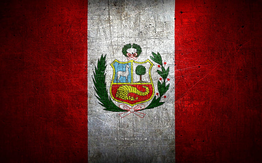Bendera logam Peru, seni grunge, negara-negara Amerika Selatan, Hari Peru, simbol nasional, bendera Peru, bendera logam, Bendera Peru, Amerika Selatan, bendera Peru, Peru Wallpaper HD