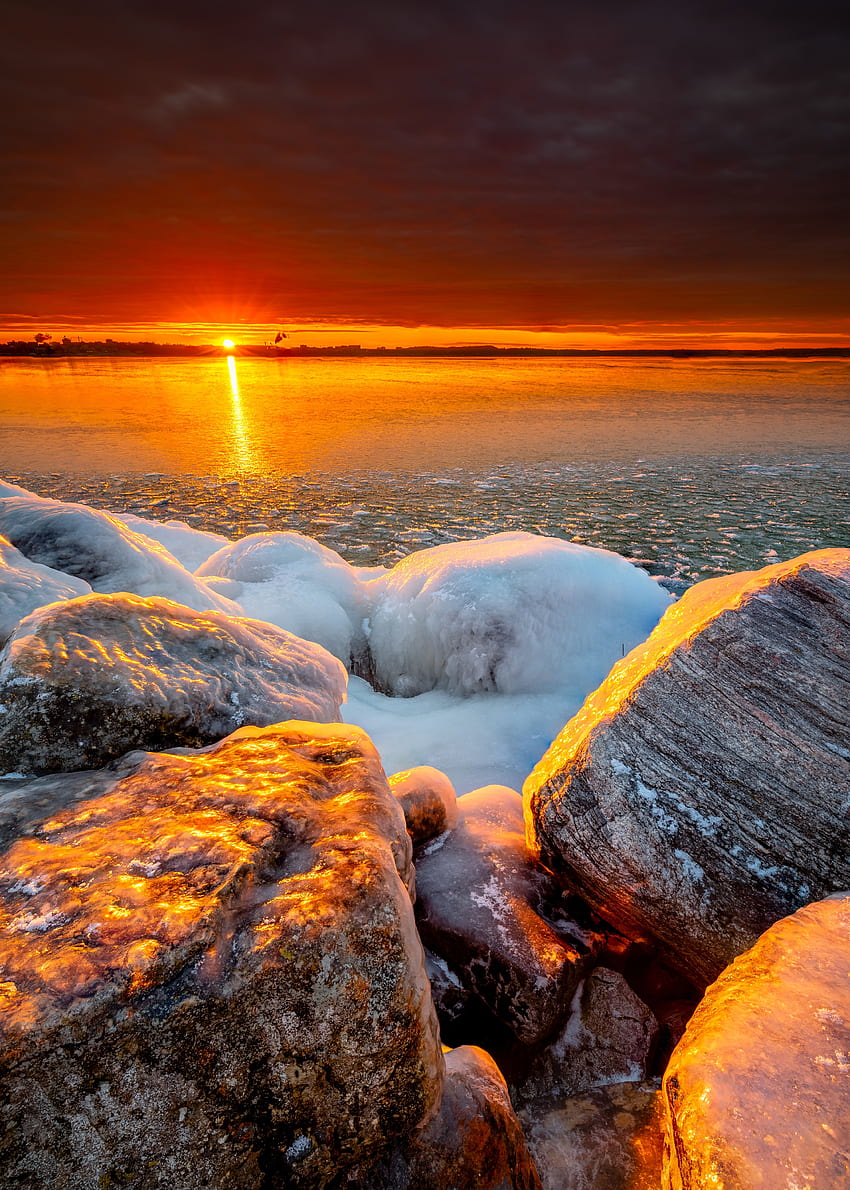 Nature, Sunset, Stones, Sea, Ice, Shore, Bank HD phone wallpaper