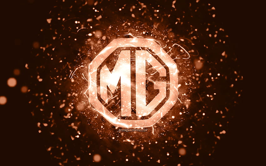 Brązowe logo MG, brązowe neony, kreatywne, brązowe abstrakcyjne tło, logo MG, marki samochodów, MG Tapeta HD