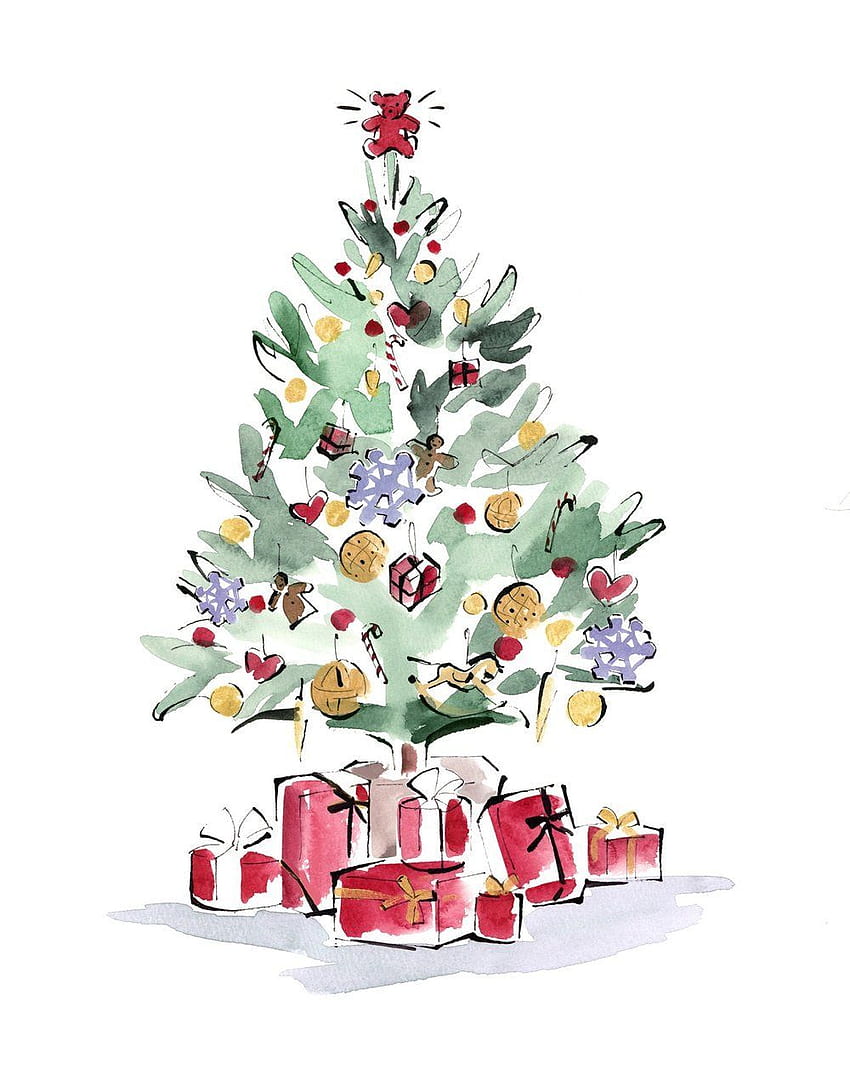 Tío holandés - Yoco Nagamiya - Dorchester Londres - Ilustraciones navideñas. Dibujo de árbol de Navidad, arte de árbol de Navidad, tarjetas de Navidad pintadas, ACUARELA DE NAVIDAD fondo de pantalla del teléfono
