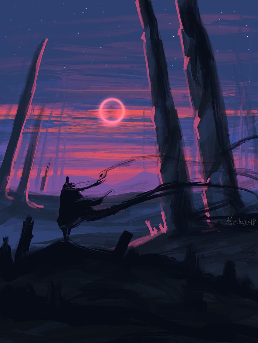 árboles, puesta del sol, arte, luna, silueta, líneas fondo de pantalla del teléfono