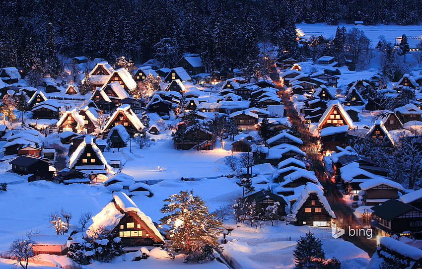 Inverno, Neve, Notte, Luci, Giappone, Valle, L'isola di Honshu, Gokayama, Shirakawa Go For , Sezione пейзажи Sfondo HD
