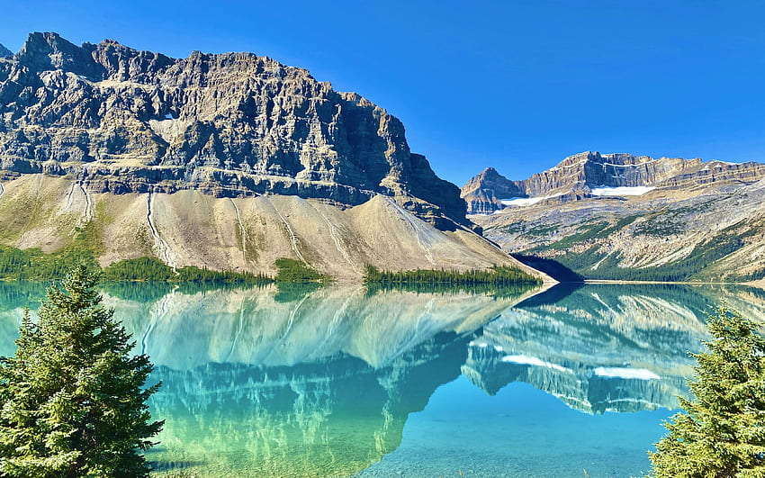 Bow Lake, Alberta, air, gunung, pantulan, Kanada, langit Wallpaper HD