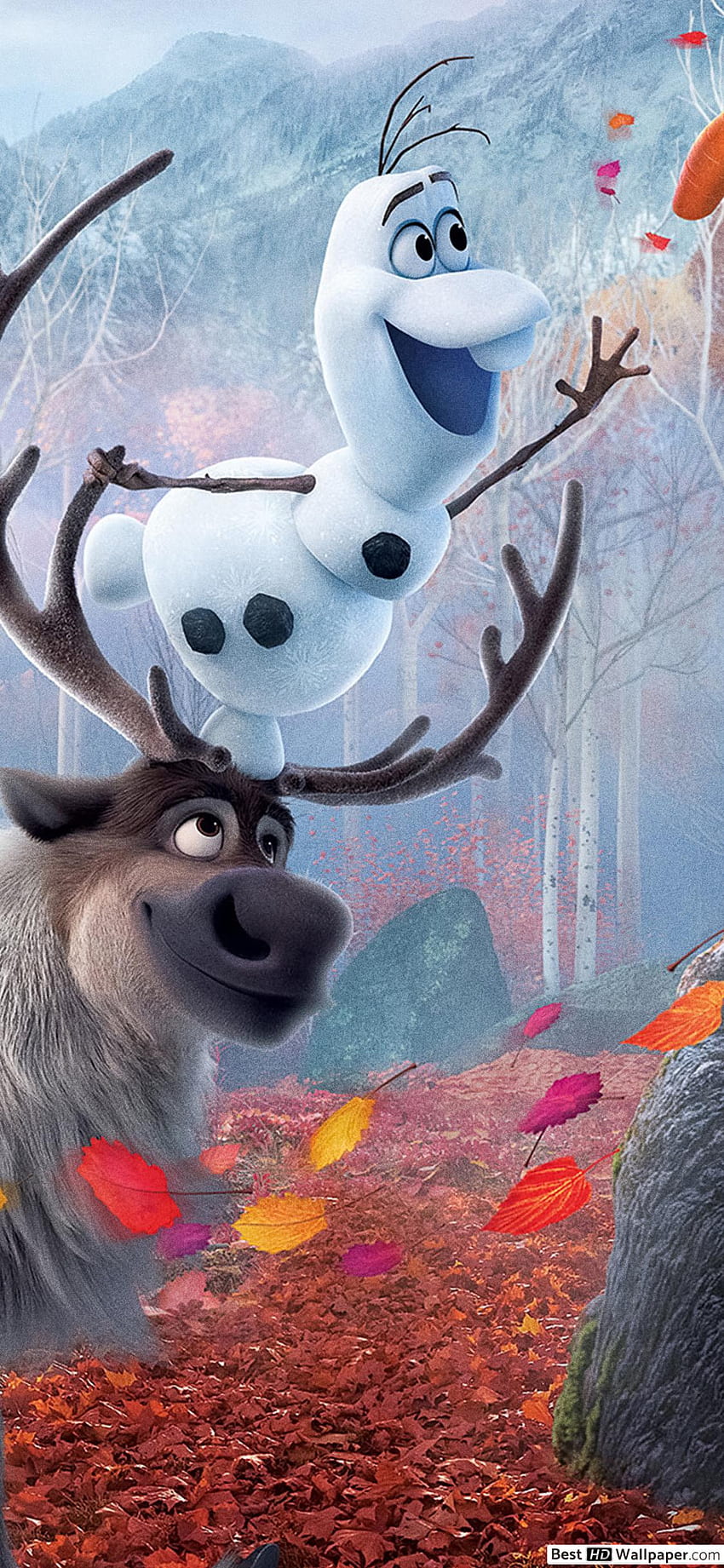 Olaf and Sven playing with autumn leaves at the Enchanted forest HD phone wallpaper