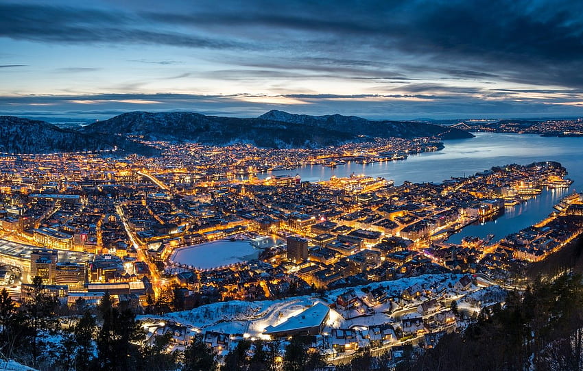冬、山、ノルウェー、パノラマ、夜の街、ノルウェー、ベルゲン 高画質の壁紙