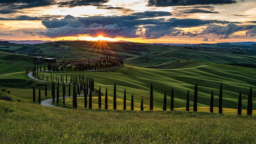 Tuscany Italy Nature Sky Hill Fields Scenery HD wallpaper