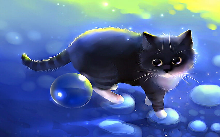 Curious Adventure, blue, black, kitty, cute, colors, digital art, animals, drawings, bubble, adorable, cat, paintings, creative pre-made, pretty, cool, softness beauty, lovely HD wallpaper