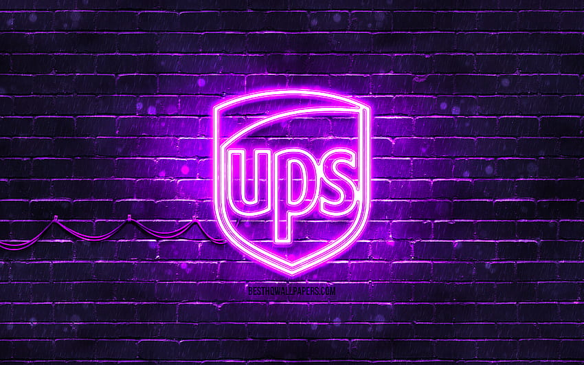 UPS виолетово лого, , виолетова тухлена стена, UPS лого, марки, UPS неоново лого, UPS HD тапет