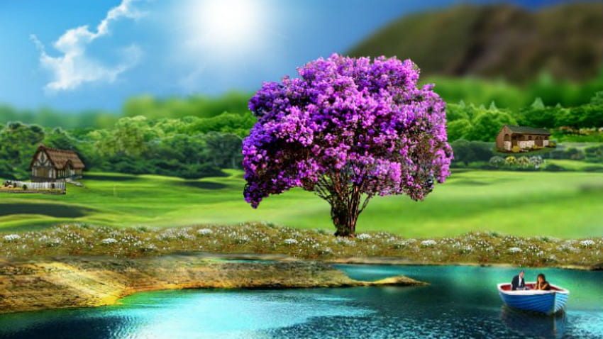 Lakes: Country Life Lake Purple Ipe Farm Landscape Background, Farm Landscapes HD wallpaper