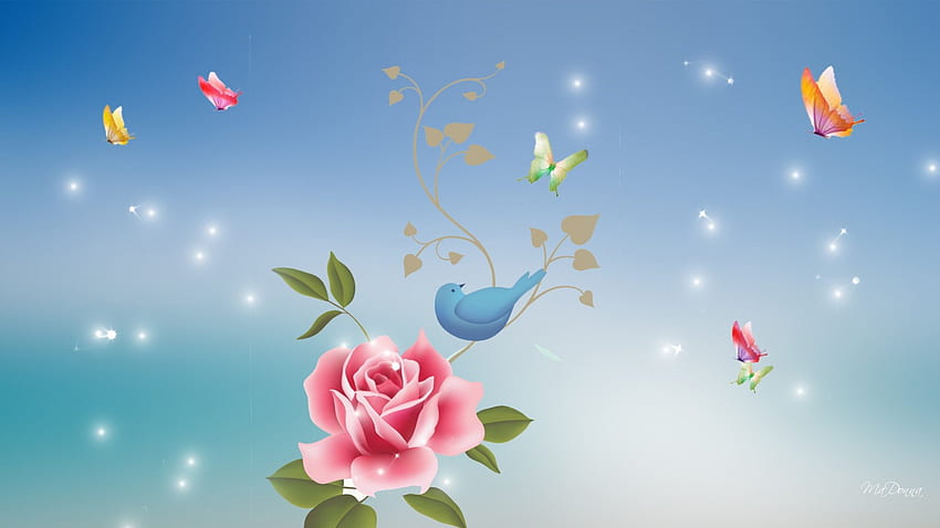 Rose Pink Bird Blue, sweet, glimmer, bird, glow, glitter, papillon, fleur, stars, spring, summer, rose, pink, butterfly, petals, flower, shine HD wallpaper
