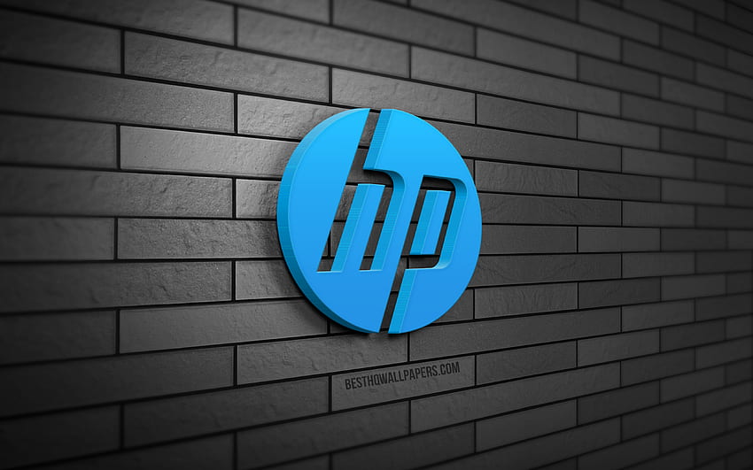 HP 3D лого, , сива тухлена стена, Hewlett-Packard, творчески, марки, HP лого, 3D изкуство, HP, лого на Hewlett-Packard HD тапет