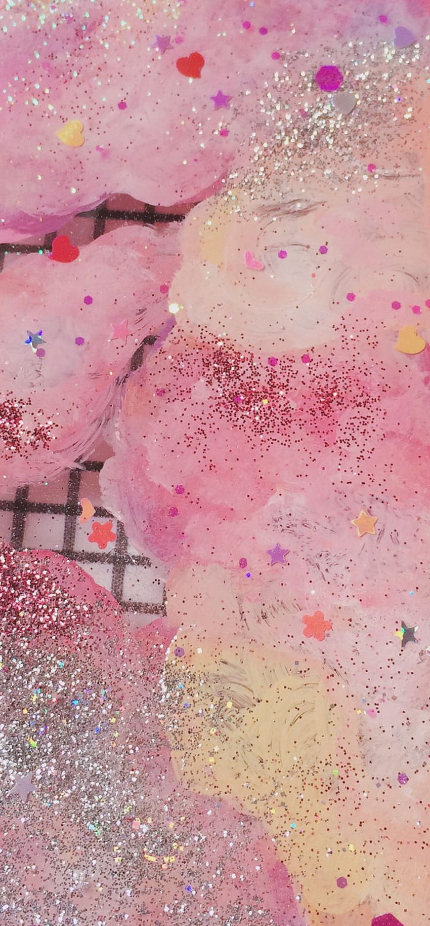 Coriandoli rosa e texture glitter. Sovrapposizione di caramelle. Pastello Sfondo del telefono HD