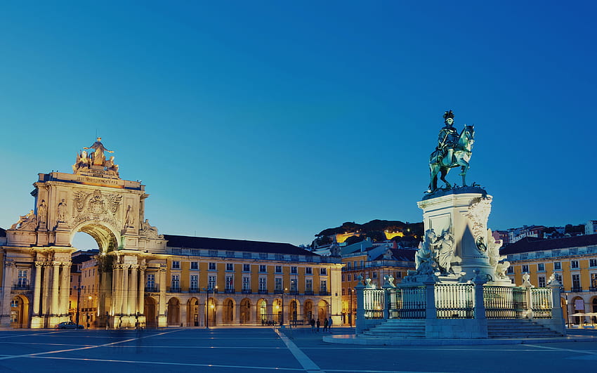 Lizbona, Plac Handlowy, Plac Pałacowy, Pomnik konny Jose I, Portugalia z rozdzielczością. Wysoka jakość Tapeta HD