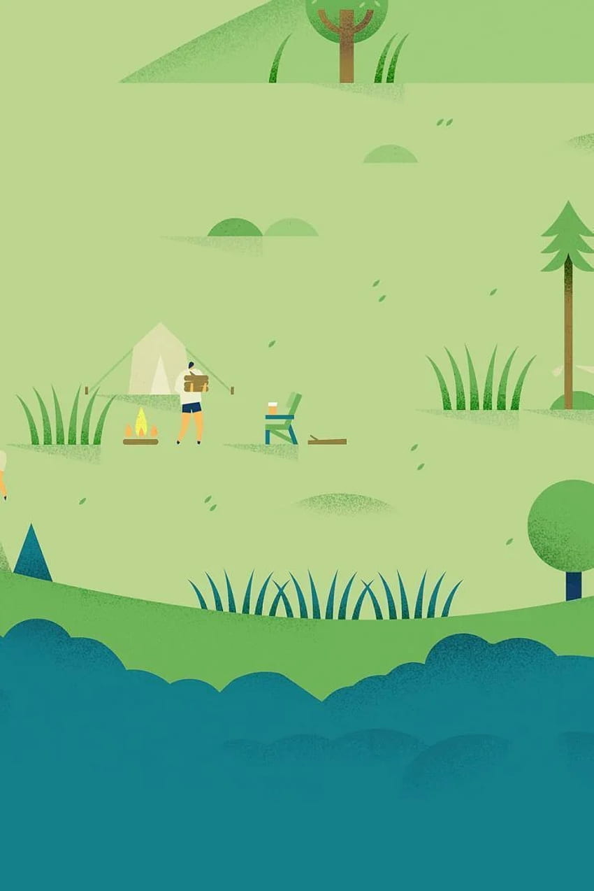 Ilustración de camping de campo de diseño plano. Diseño plano, , Verde, Carpa Verde fondo de pantalla del teléfono
