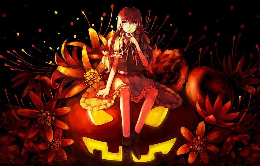 girl, flowers, holiday, anime, art, pumpkin, Anime Halloween Pumpkin HD wallpaper