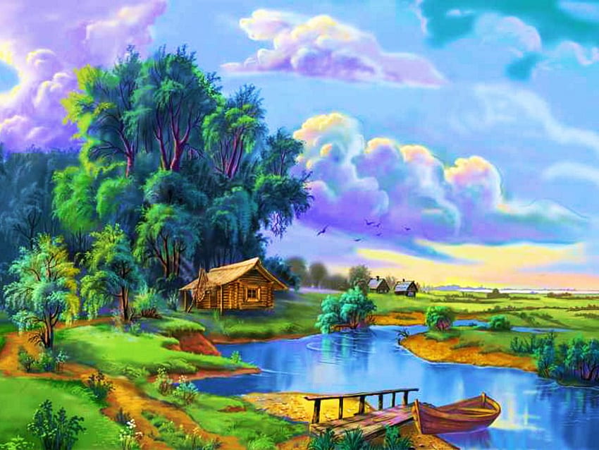 Natura, kolorowy wioski nad rzeką, . Wszystko dla Tapeta HD