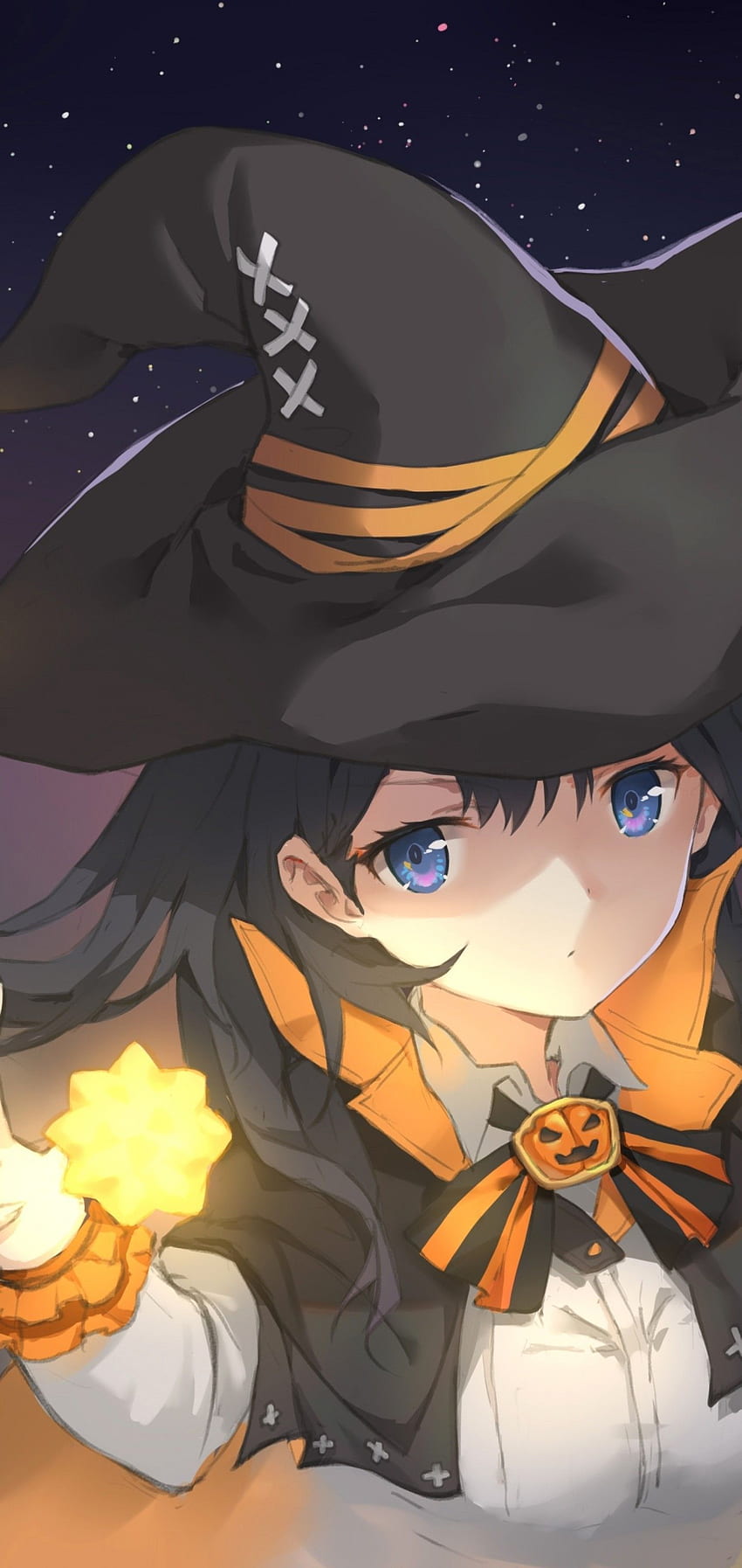 Anime Witch Girl, Halloween, Cape, Stars for Samsung Galaxy S10 Plus HD phone wallpaper