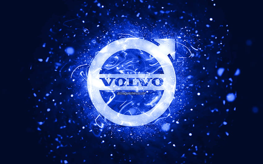 Volvo dark blue logo, , dark blue neon lights, creative, dark blue abstract background, Volvo logo, cars brands, Volvo HD wallpaper