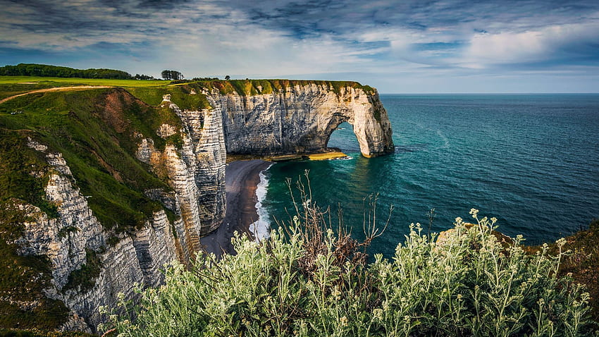 Costa de Normandía, Francia, mar, arco, paisaje, nubes, cielo, atlántico, acantilado, rocas fondo de pantalla