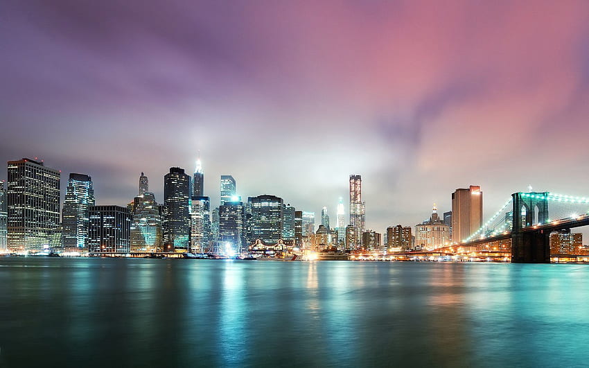 Ciudades, Ríos, Noche, Rascacielos, Puente de Brooklyn fondo de pantalla
