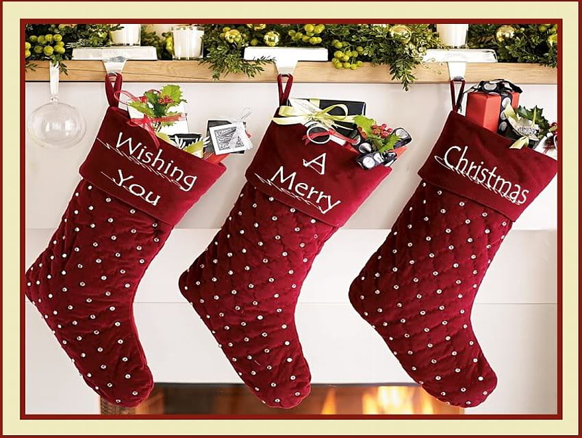 Stockings Hung by the Fireplace With Care, Kamin, Strümpfe, Weihnachten, rot HD-Hintergrundbild