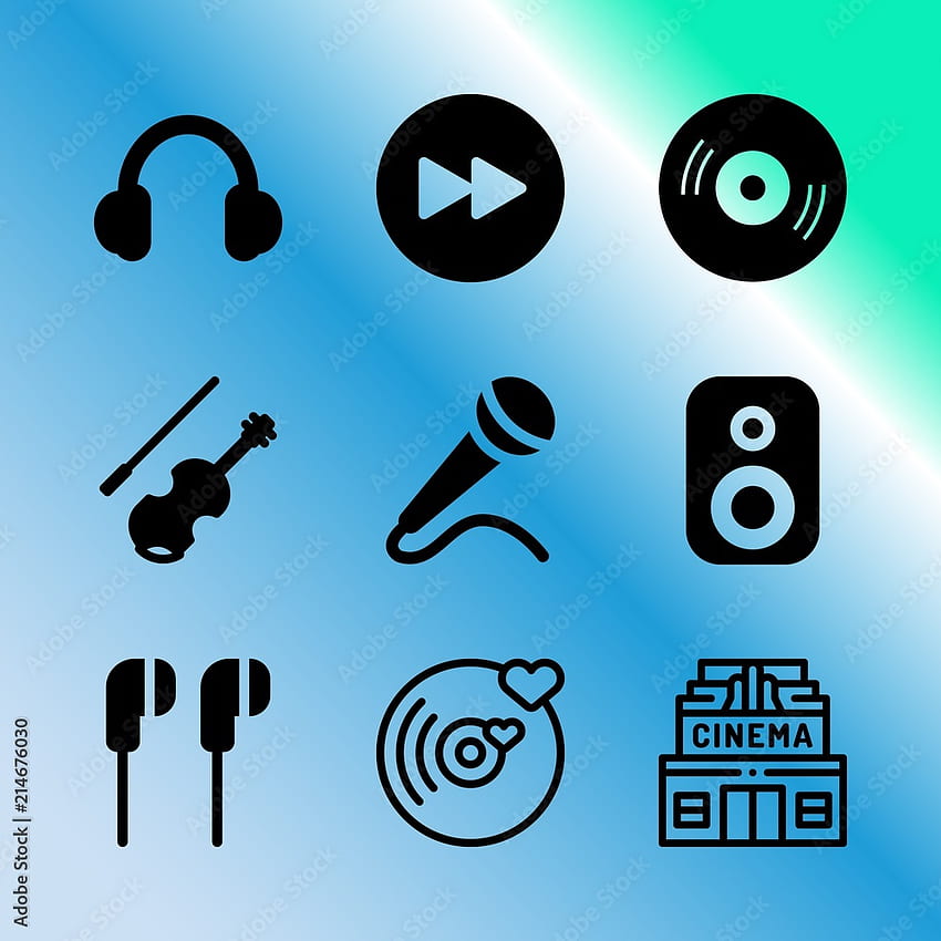 Zestaw ikon wektorowych o muzyce z 9 ikonami związanymi z czernią, basem, albumem, sceną, urządzeniem, winylem, telewizją, instrumentami muzycznymi i odtwarzaczem muzyki Stock Vector, Music Icon Tapeta na telefon HD