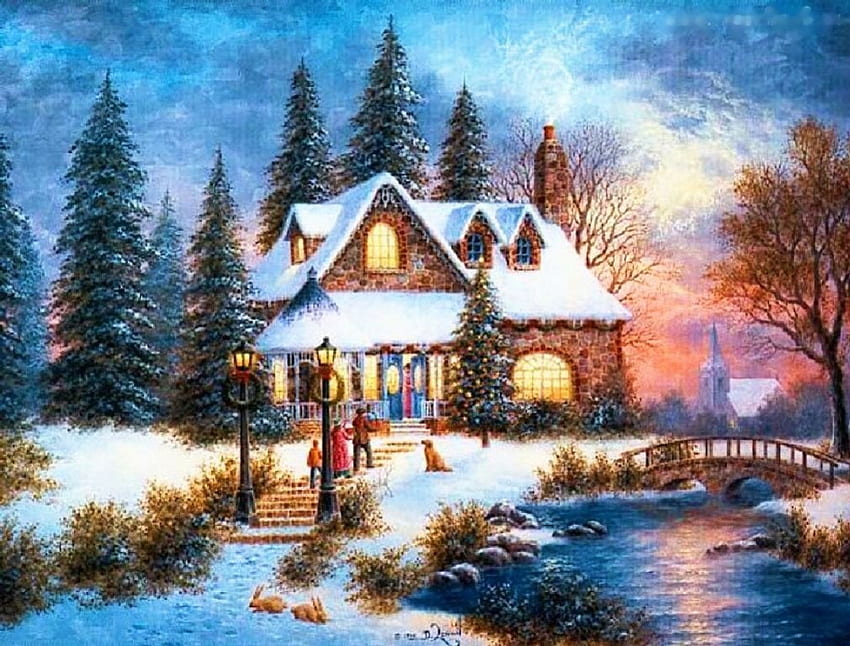 Winter Dreams, artwork, river, painting, firs, snow, bridge, cottage ...