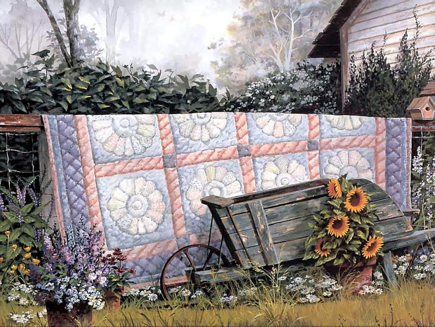 buatan negara, polos, pot bunga, gerobak dorong, sederhana, bunga matahari, selimut, rumah, pedesaan Wallpaper HD