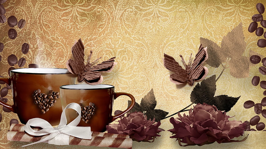 Pausa caffè, joe, nastro, tema Firefox Persona, farfalle, foglie, marrone, java, caffè, fiori, fiocco Sfondo HD