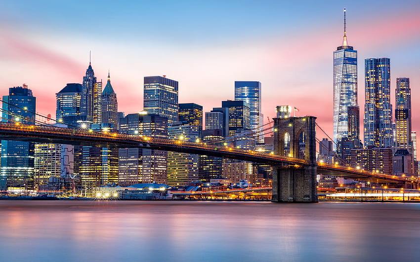 Manhattan Financial District And Brooklyn Bridge At Sunset Brooklyn United States Best HD wallpaper