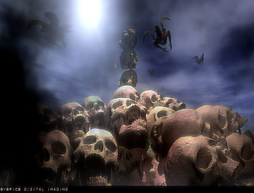 Skull Pile, pile, clouds, sun, creatures, skulls HD wallpaper