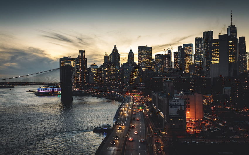 Nueva York, Puente de Brooklyn, Manhattan, tarde, puesta de sol, edificios modernos, rascacielos, One World Trade Center, One WTC, dom Tower, Ciudad de Nueva York, horizonte, USANY para con resolución . Alta calidad fondo de pantalla