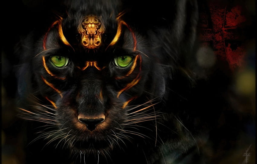 Black panther, face, black, fantasy, panther, art HD wallpaper