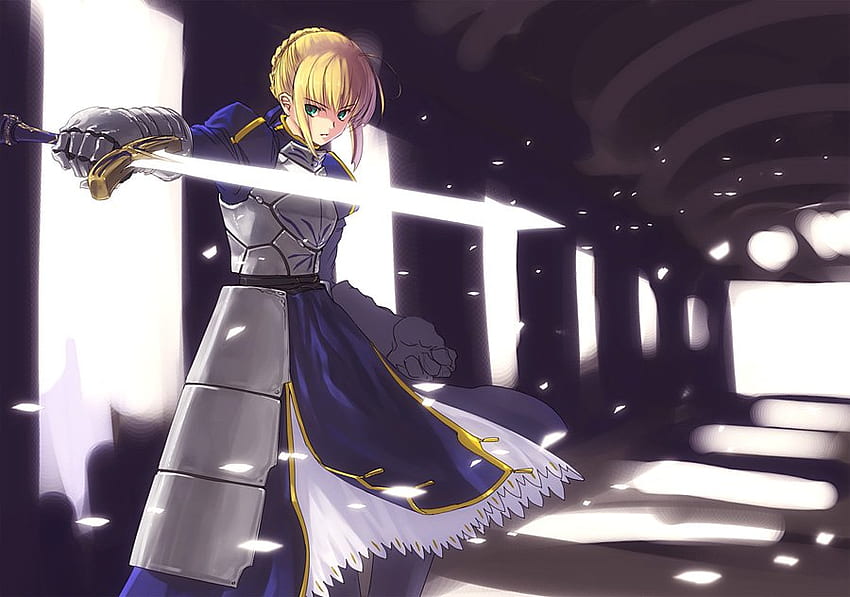 Saber, blue, excalibur, sword, knight, fate stay night, armor, anime ...