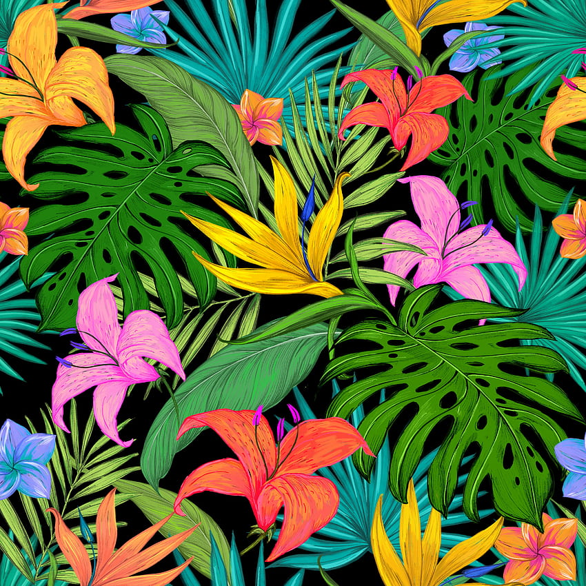 flores, hojas, palmas, lirios, patrón, textura, texturas, color, tropical, coloreado fondo de pantalla del teléfono