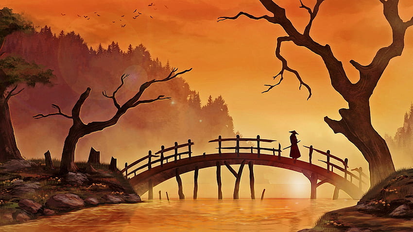 arte digital naturaleza árboles bosque pintura japonés rama puente madera agua río hierba luz solar samurai hombres silueta pájaros colina katana, arte de la naturaleza japonesa fondo de pantalla